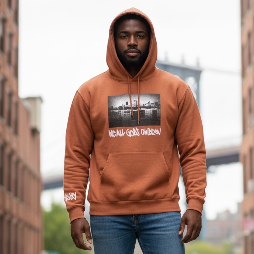 NWT HSTRY by NAS Brown Graphic Hoodie Sweatshirt “We All God’s Children” - Size